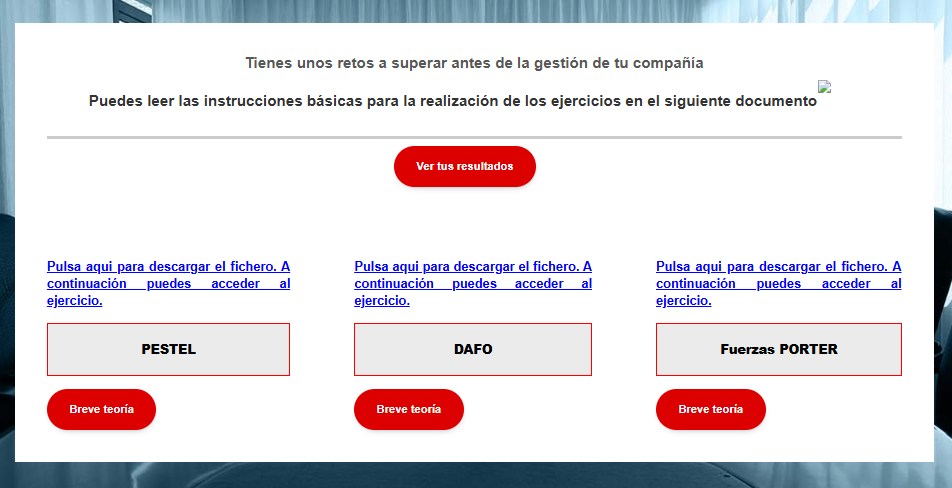 Pantalla de ejercicios: PESTEL, DAFO y Fuerzas de Porter